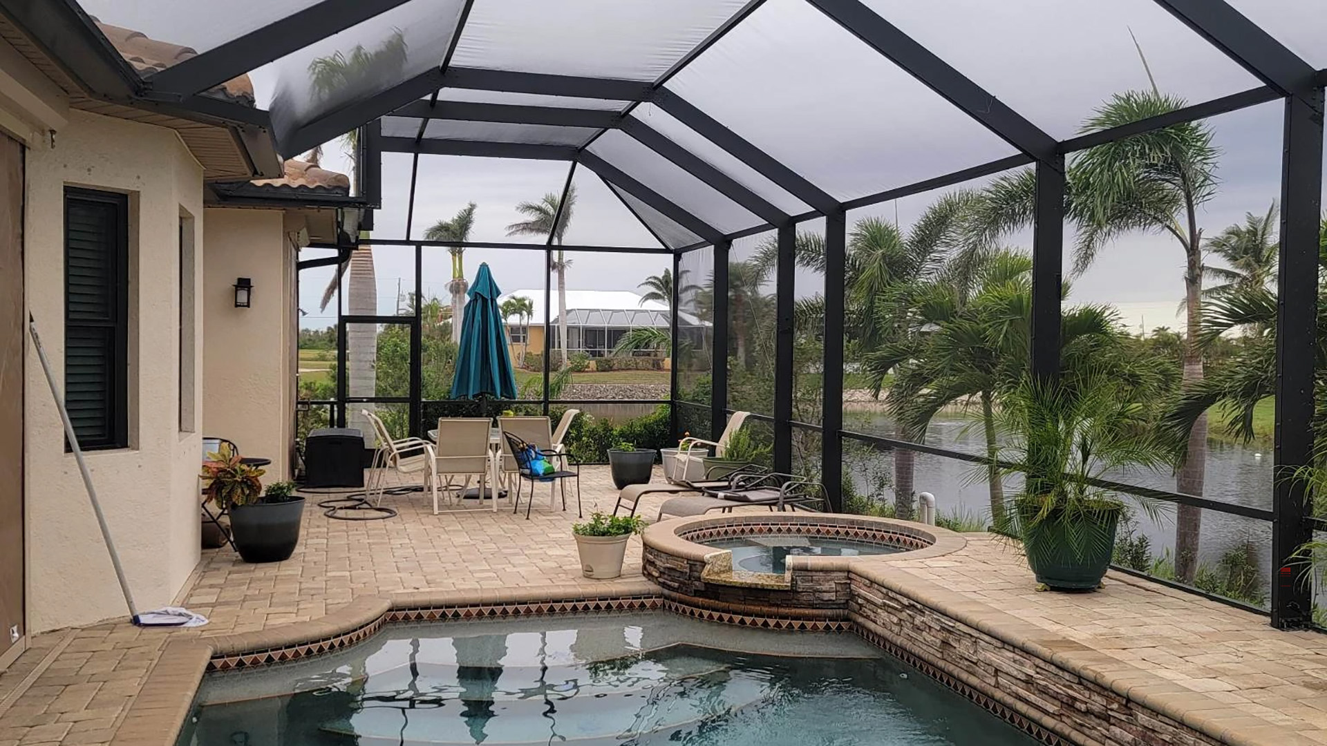 A screened enlosure surrounding a saltwater pool in southwest florida